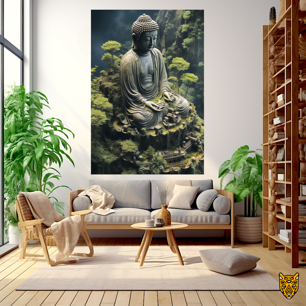 Buddha with Miniature Temples in a Lush Green Nature's Surrounding