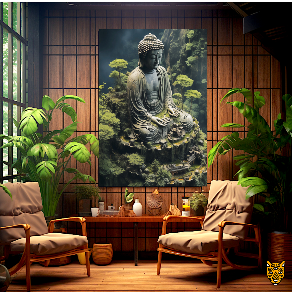 Buddha with Miniature Temples in a Lush Green Nature's Surrounding