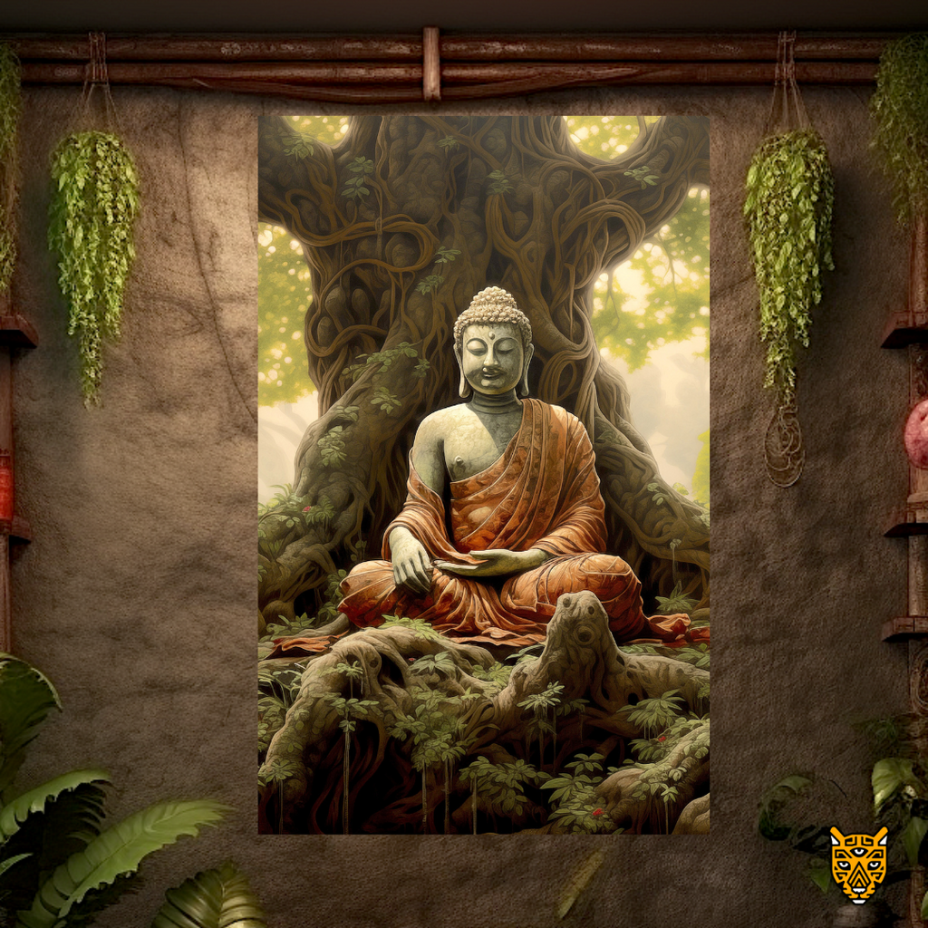Calm Mysticism Buddha: Peaceful Meditating Buddha Under the Banyan Tree