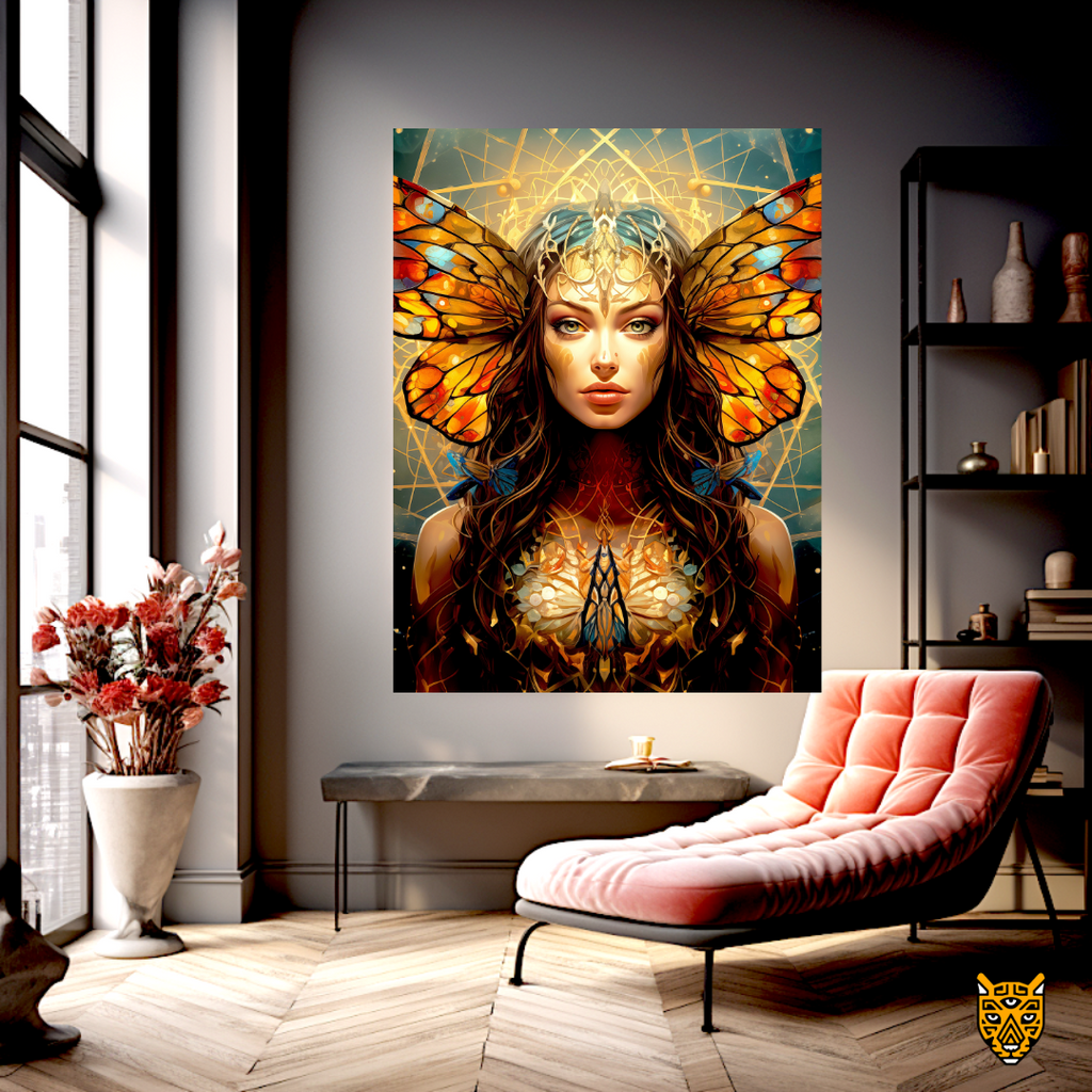 Captivating Gaze:  Elegant Gorgeous Woman with Magical Orange Butterfly Headdress