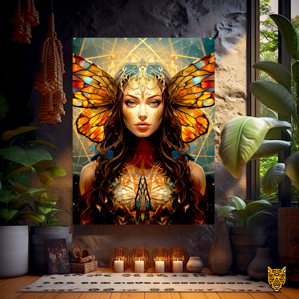 Captivating Gaze:  Elegant Gorgeous Woman with Magical Orange Butterfly Headdress