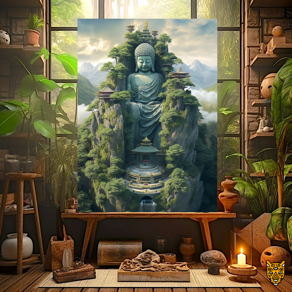Cliffside Buddha with a Waterfall and Green and White Peaceful Oasis