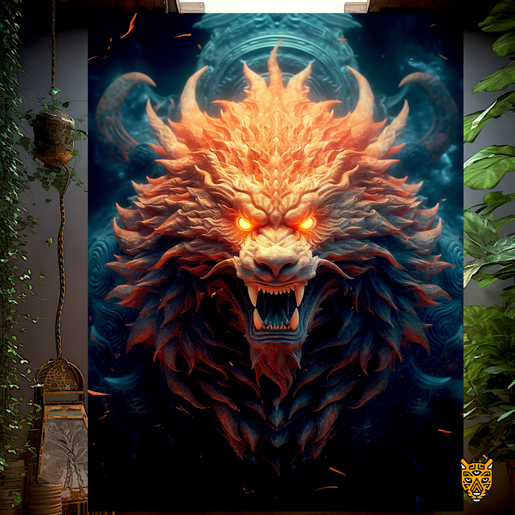 Commanding Artwork: Intense Spiritual  Mythical Dragon with Orange Enigmatic Head Color