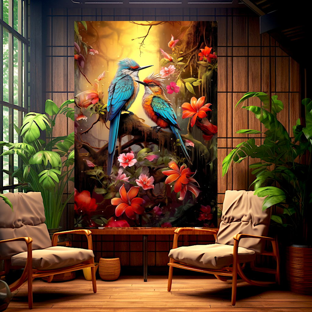 Couple Bird in Shades of Blue and Orange Flowering Subtropical Environment