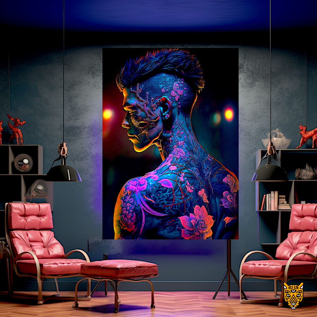 Creative Neon Body Ink: Art Influencer with Artistic Luminous Neon and Black Tattoo