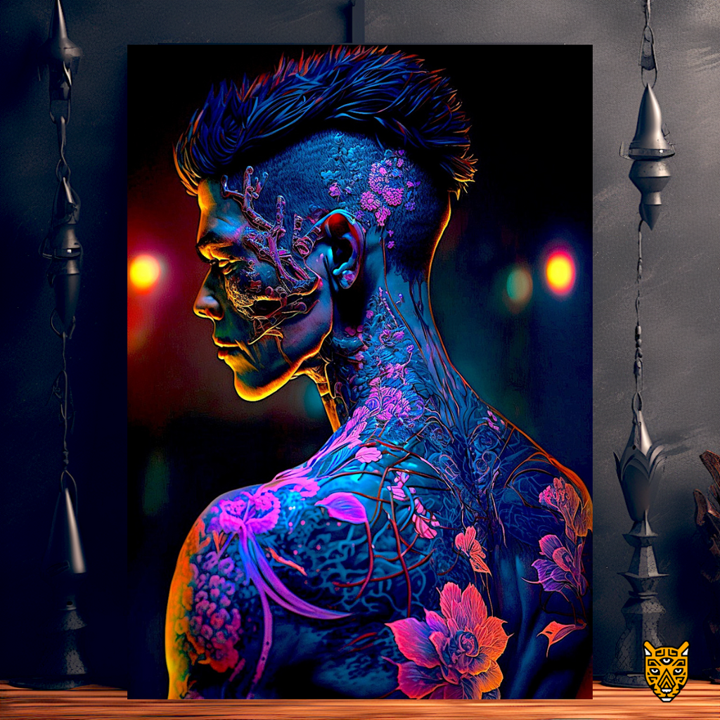 Creative Neon Body Ink: Art Influencer with Artistic Luminous Neon and Black Tattoo