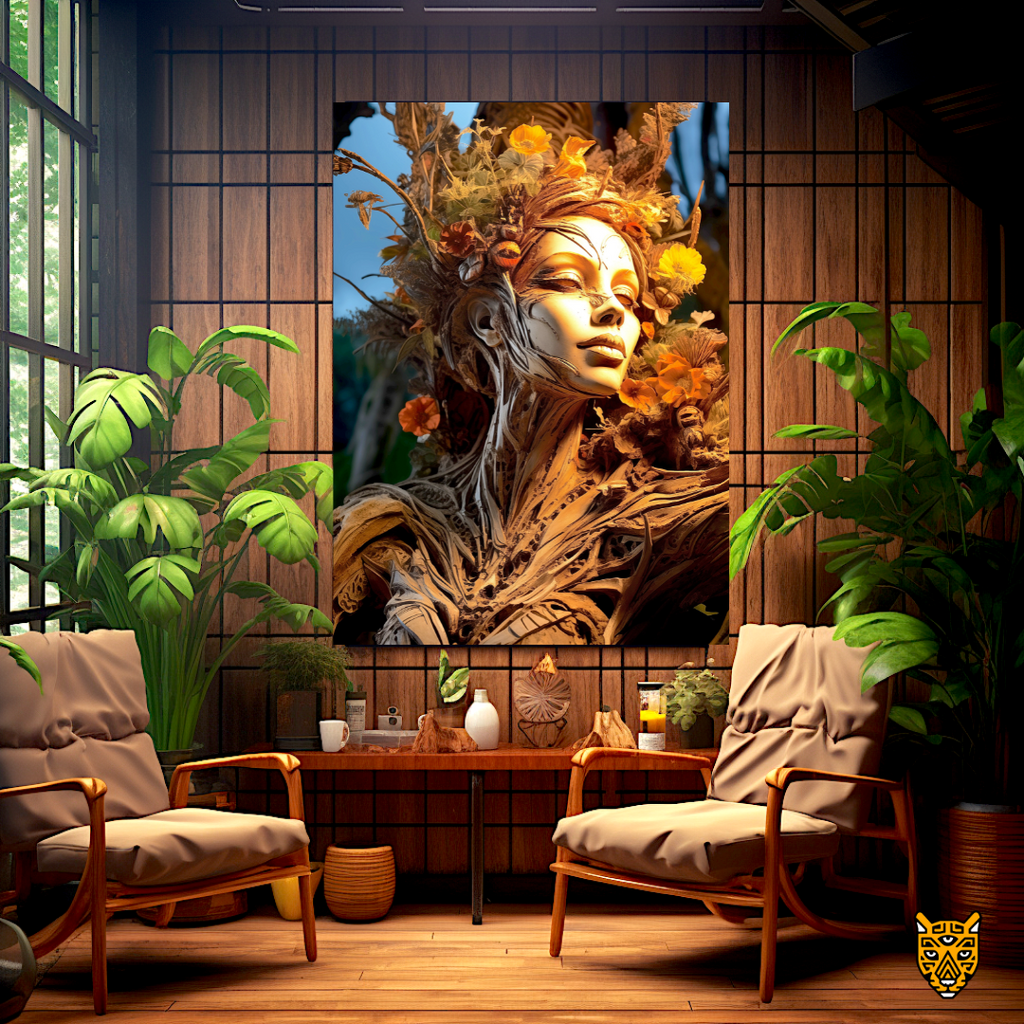 Elegant Ethereal Goddess: Artistic Fusion of Golden Brown Autumn Leaves Harmony with Nature