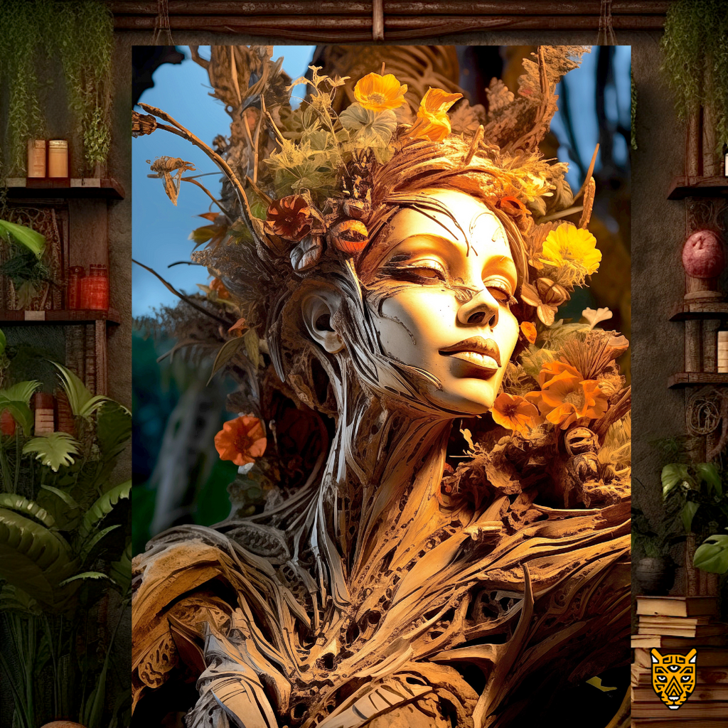 Elegant Ethereal Goddess: Artistic Fusion of Golden Brown Autumn Leaves Harmony with Nature