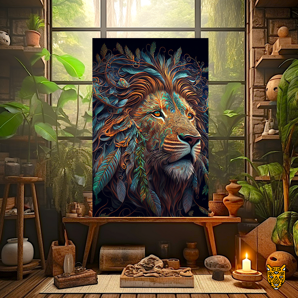 Enchanted Mane One with Nature Lion in Autumn Leaves
