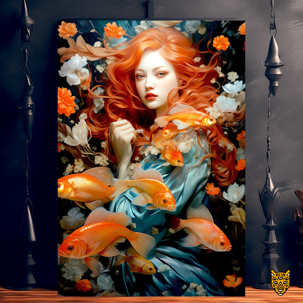 Enchanting Surreal Portrait: Captivating Mystique Woman with Orange White Koi