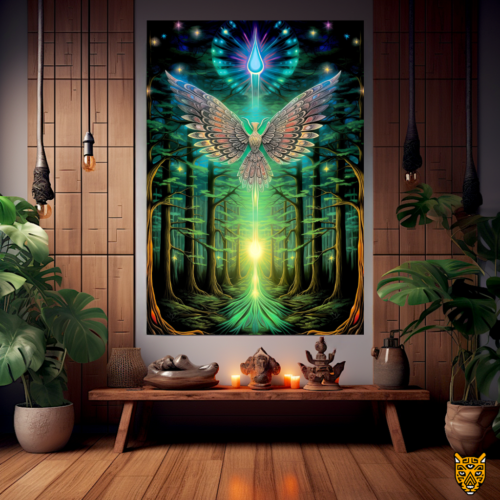 Ethereal Cosmic Visual: Luminous Mystical Bird in Lush Green Glowing Nature