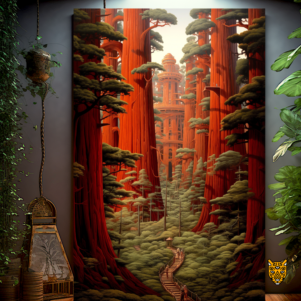 Ethereal Fantasy Forest: Serene Nature with Big Red Woods and Trunk