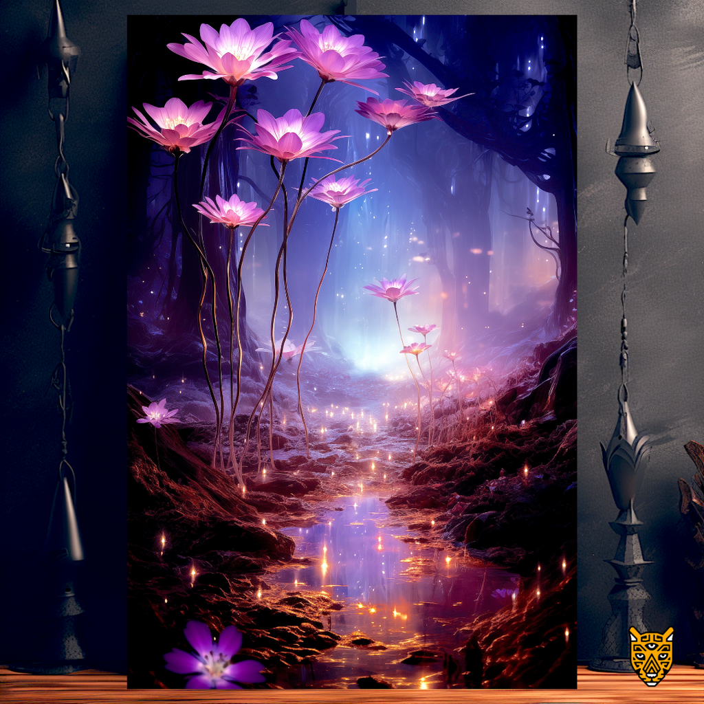 Ethereal Landscape: Magical Forest Purple Flowers Illuminated with Nature's Landscape