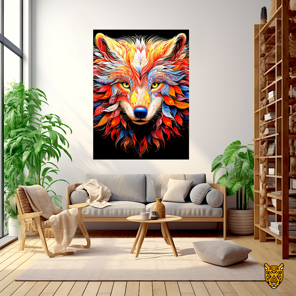 Fierce Artistic Gaze: Vibrant Wolf's Face with Orange Yellow Swirling Tribal Patterns