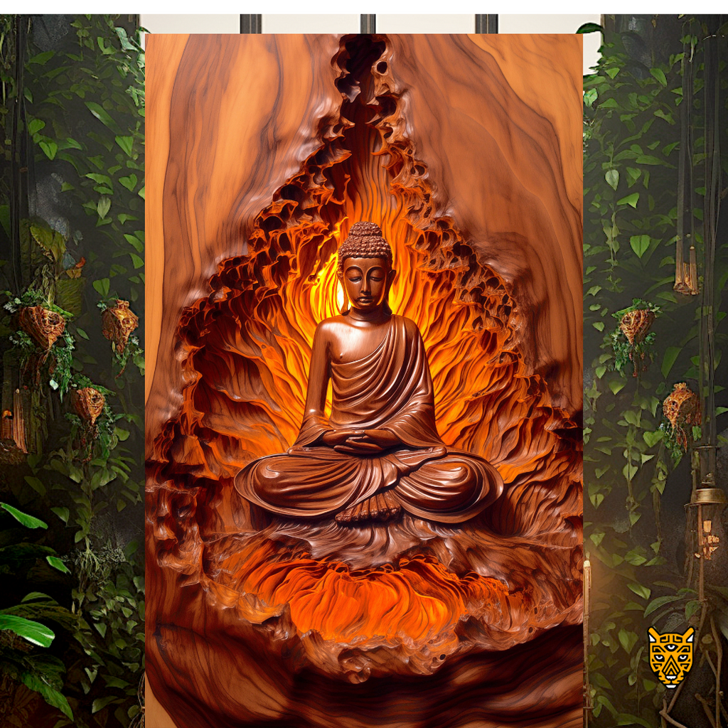 Fiery Meditation: Buddha Covered with Red Flames in Lotus Position