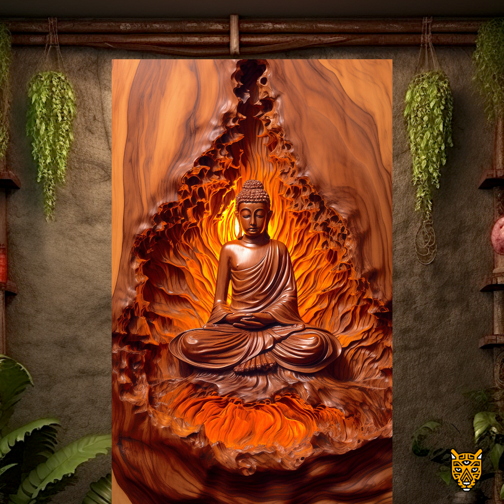 Fiery Meditation: Buddha Covered with Red Flames in Lotus Position