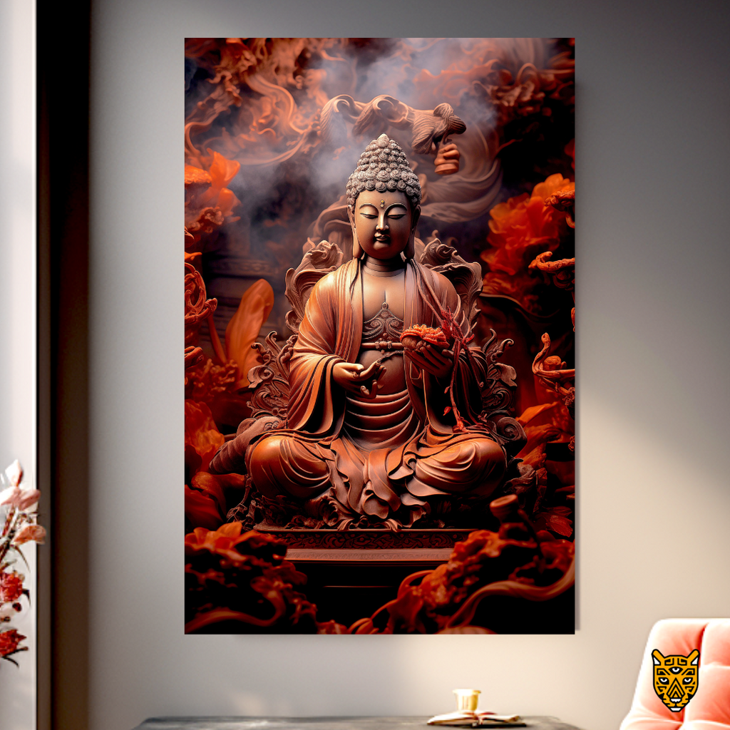 Fiery Traditional Sculpture: Deep Meditating Buddha with Swirling Red Clouds