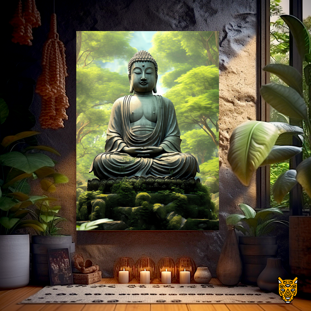 Forest Serenity and Harmony: Meditating Buddha on Top of Thick Green Foliage Stone