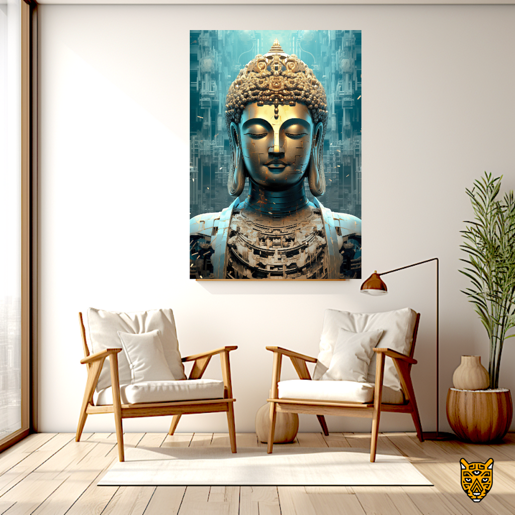 Futuristic Buddha Design: Cyber Buddha with Blue White Cityscape Background