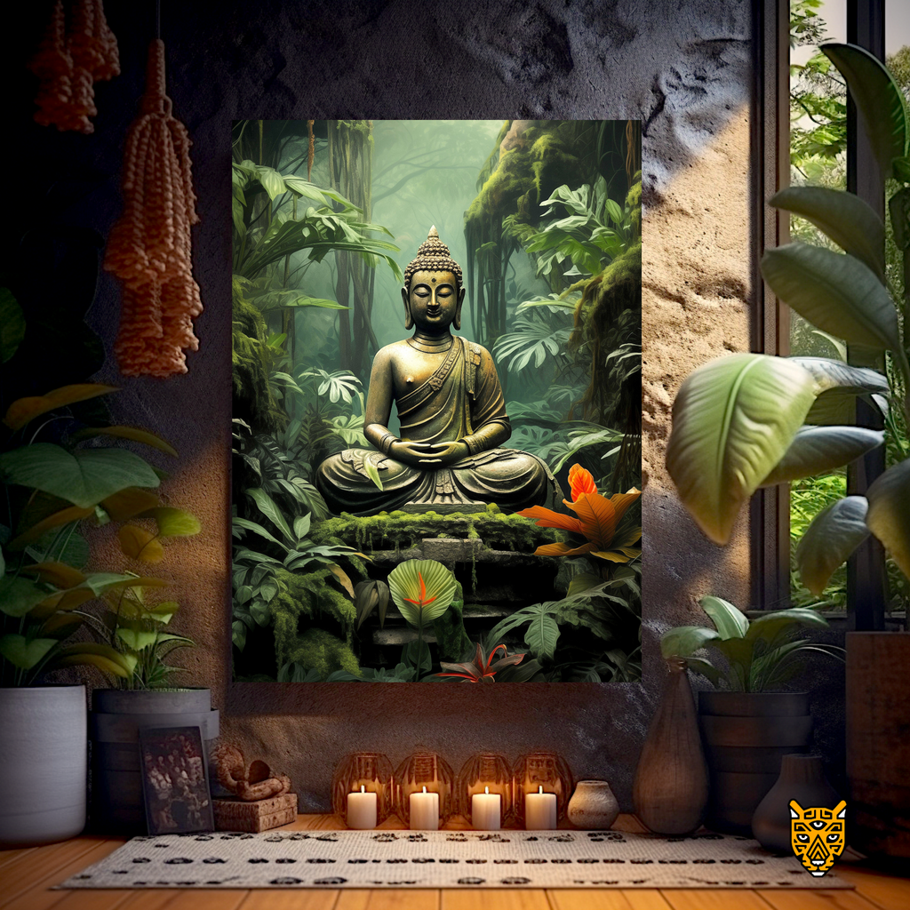 Serene Buddha Meditating in Light Green Jungle with Vibrant Tropical Flowers