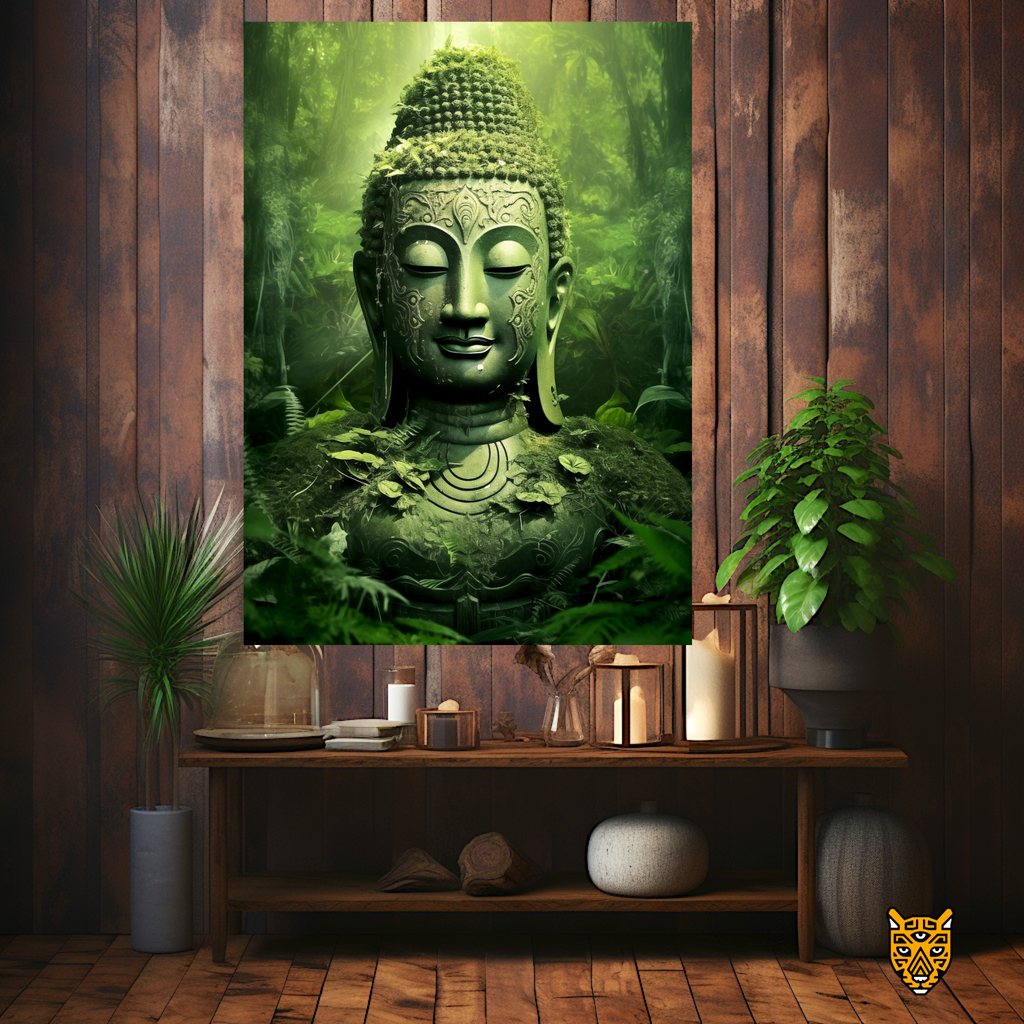 Serene and Greenery Buddha Head Meditating in a Mist Shrouded Jungle