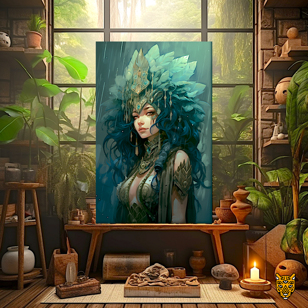 Green Goddess in Feathered Crown Green Armor in the Rain