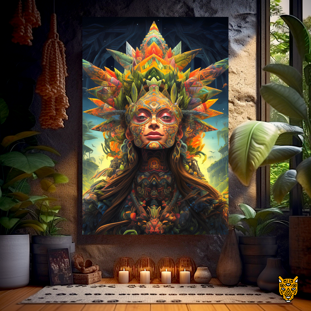 Green Ayahuasca Woman - Nature Themed Canvas Painting with Ritualistic Face Paint Elements