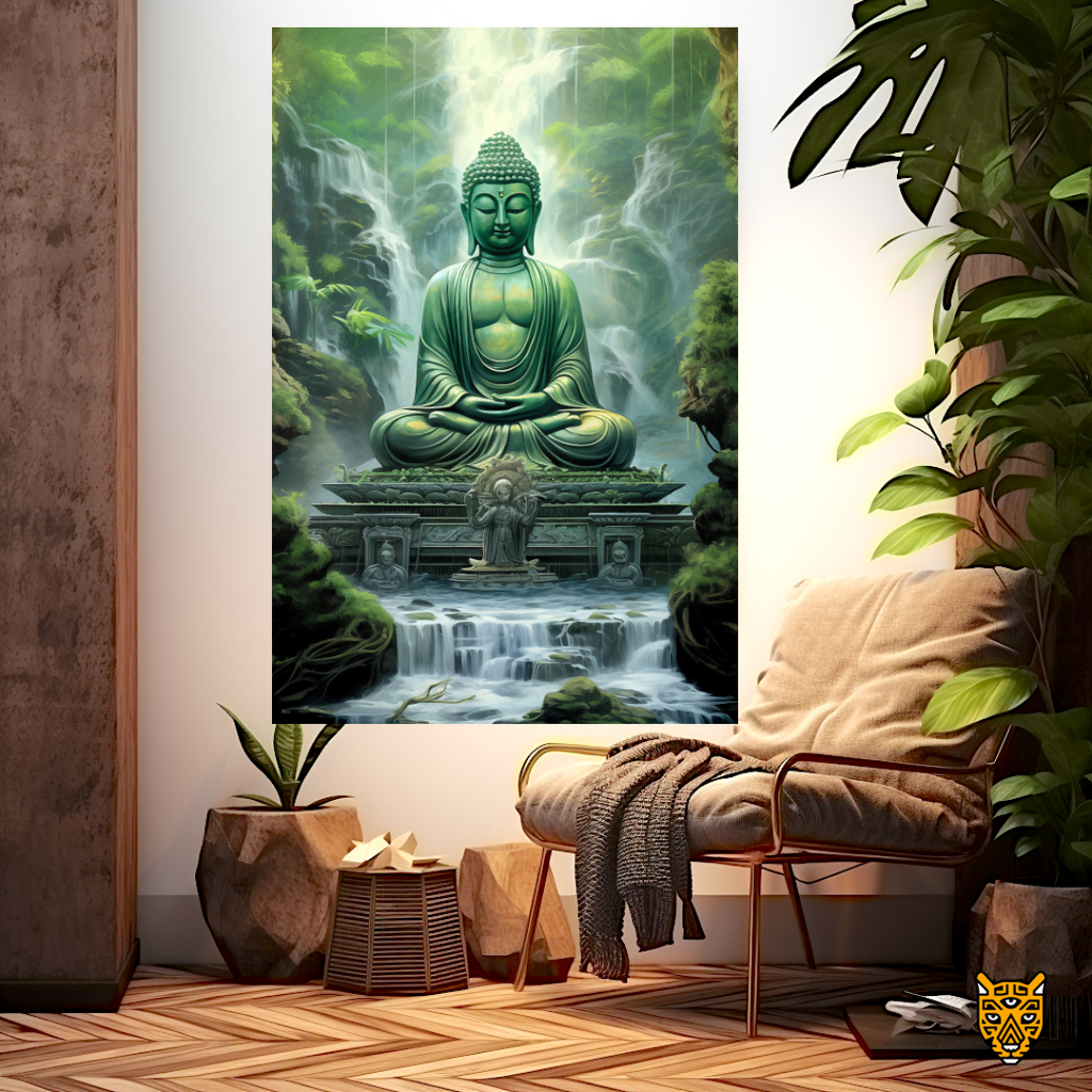 Harmony With Nature: Lotus Position Green Buddha Under Lush Greenery Forest and Waterfall