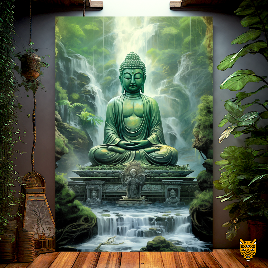 Harmony With Nature: Lotus Position Green Buddha Under Lush Greenery Forest and Waterfall