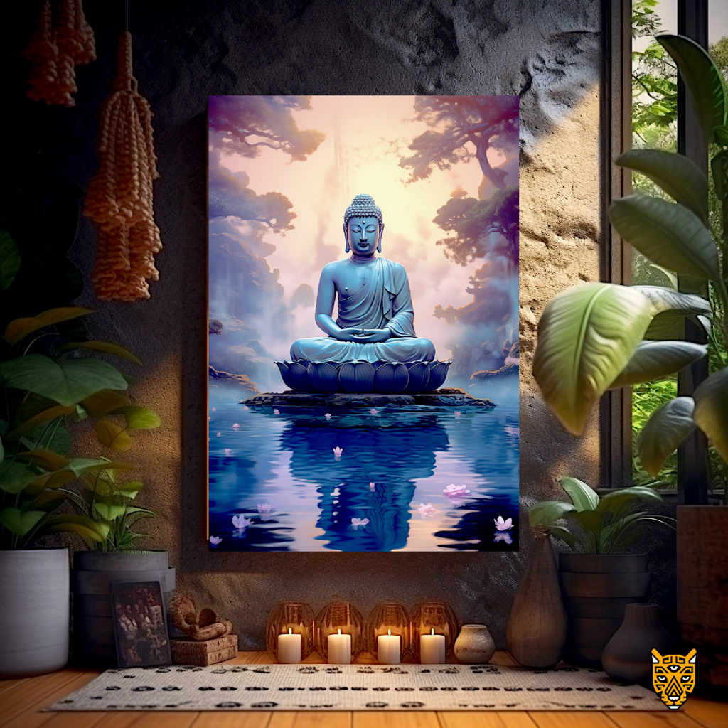 Harmony with Nature: Meditating Lotus Position Blue Buddha Sitting on Top of Stone Lotus Platform
