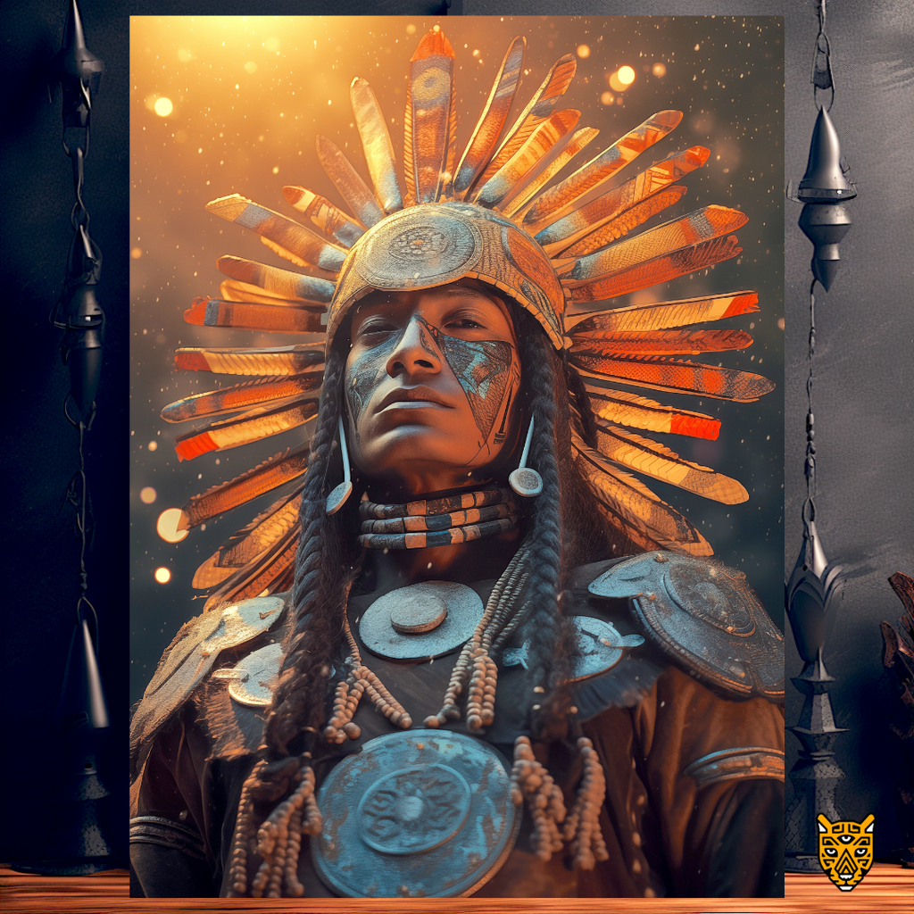 Indigenous Ceremonial Attire: Native American Wearing Warm Orange Feather Headdress