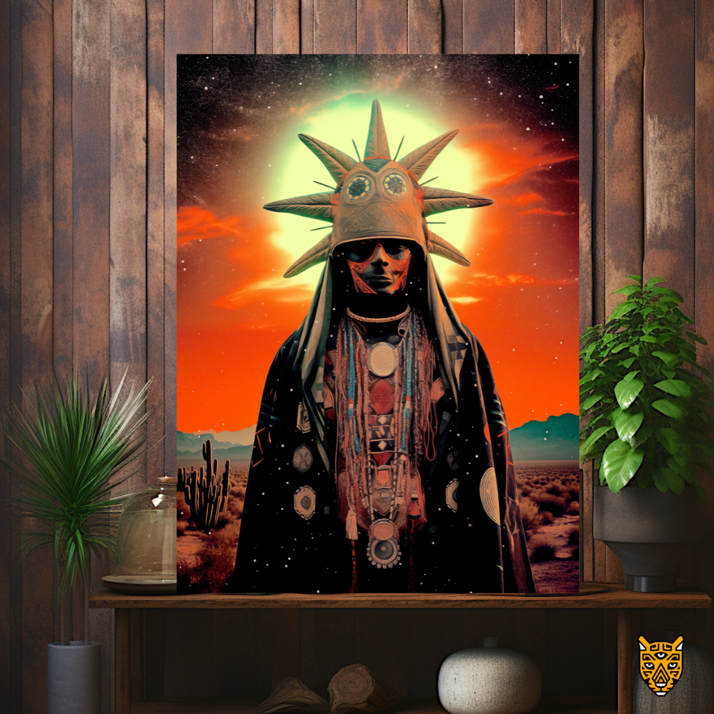Indigenous Ethnographic Elders: Native Mystical Tribal Leader Wearing Sun-like Yellow Headdress