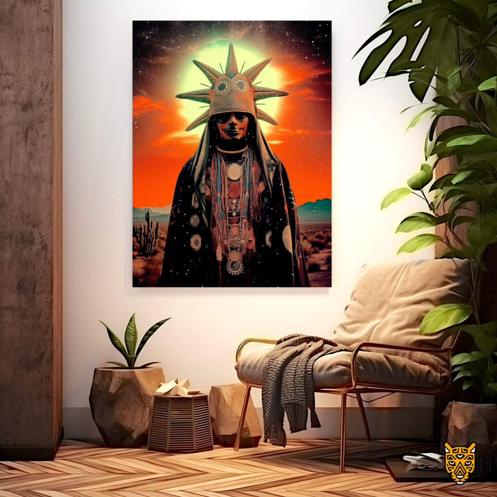 Indigenous Ethnographic Elders: Native Mystical Tribal Leader Wearing Sun-like Yellow Headdress