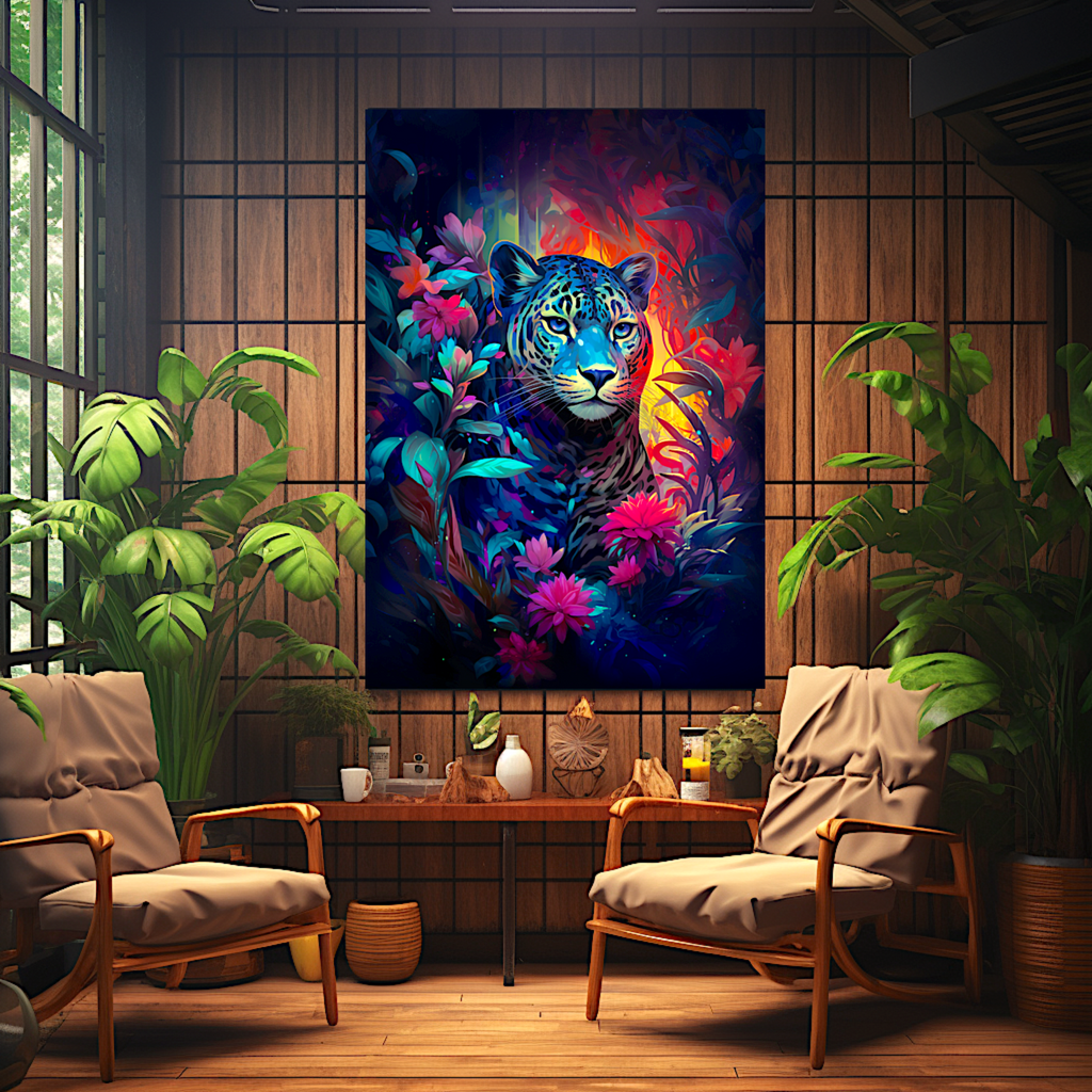 Jaguar in the Jungle Ayahuasca Panther in Pink and Blue Hues Wildlife Canvas Leopard