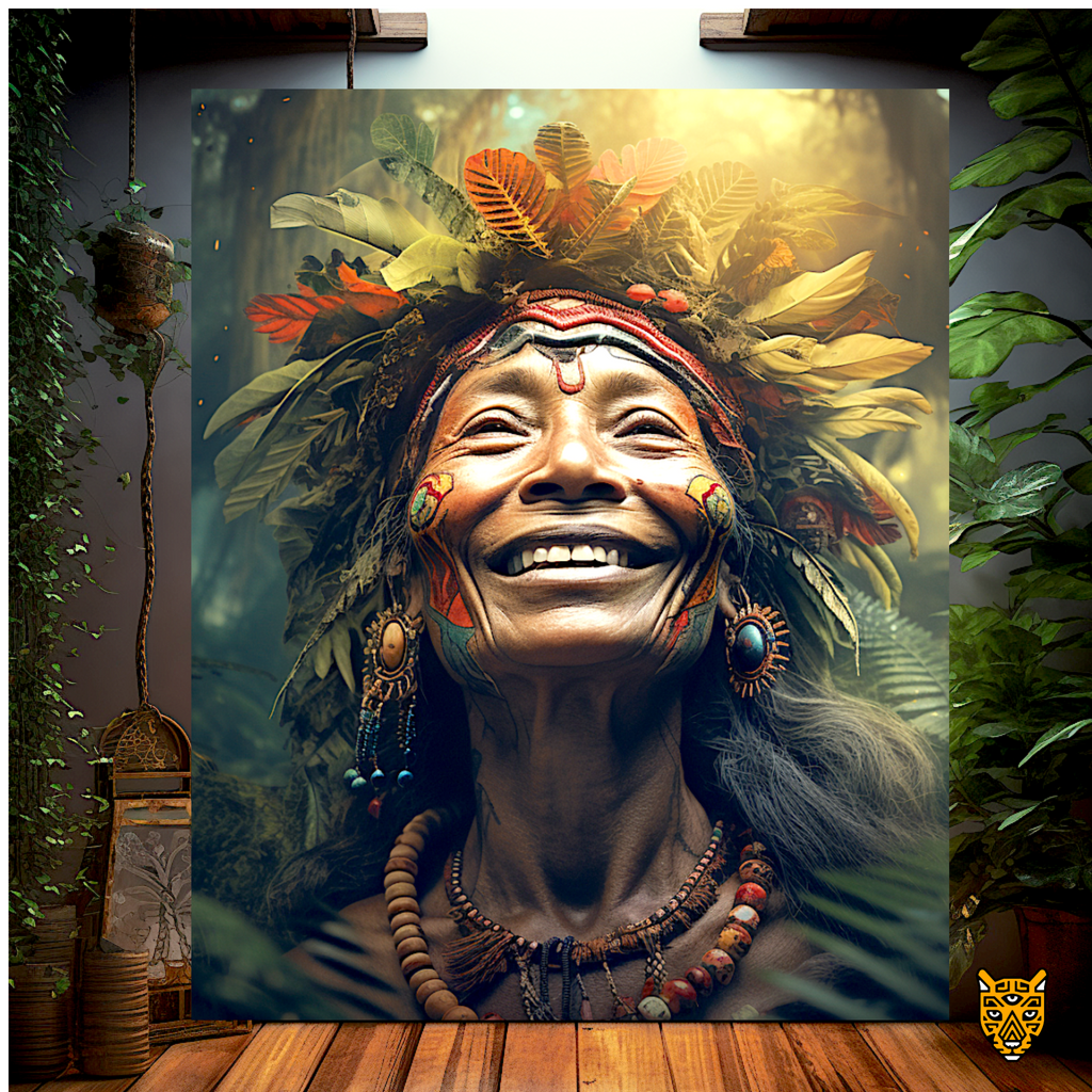 Jungle Crowned Exotic Elder Amazonian Woman Smiling