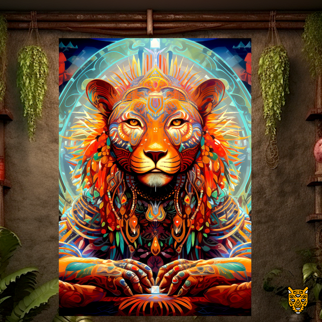 Kaleidoscopic Design: Lion Wearing Artistic Orange and Yellow Tribal Patterns