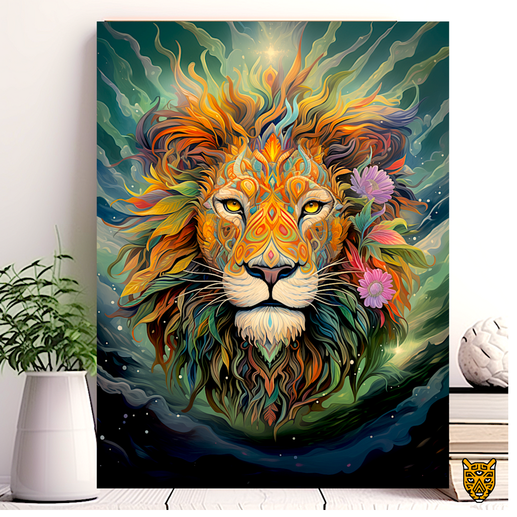 Lion with Flowers Flowing Hair in a Night Dreamy Sky