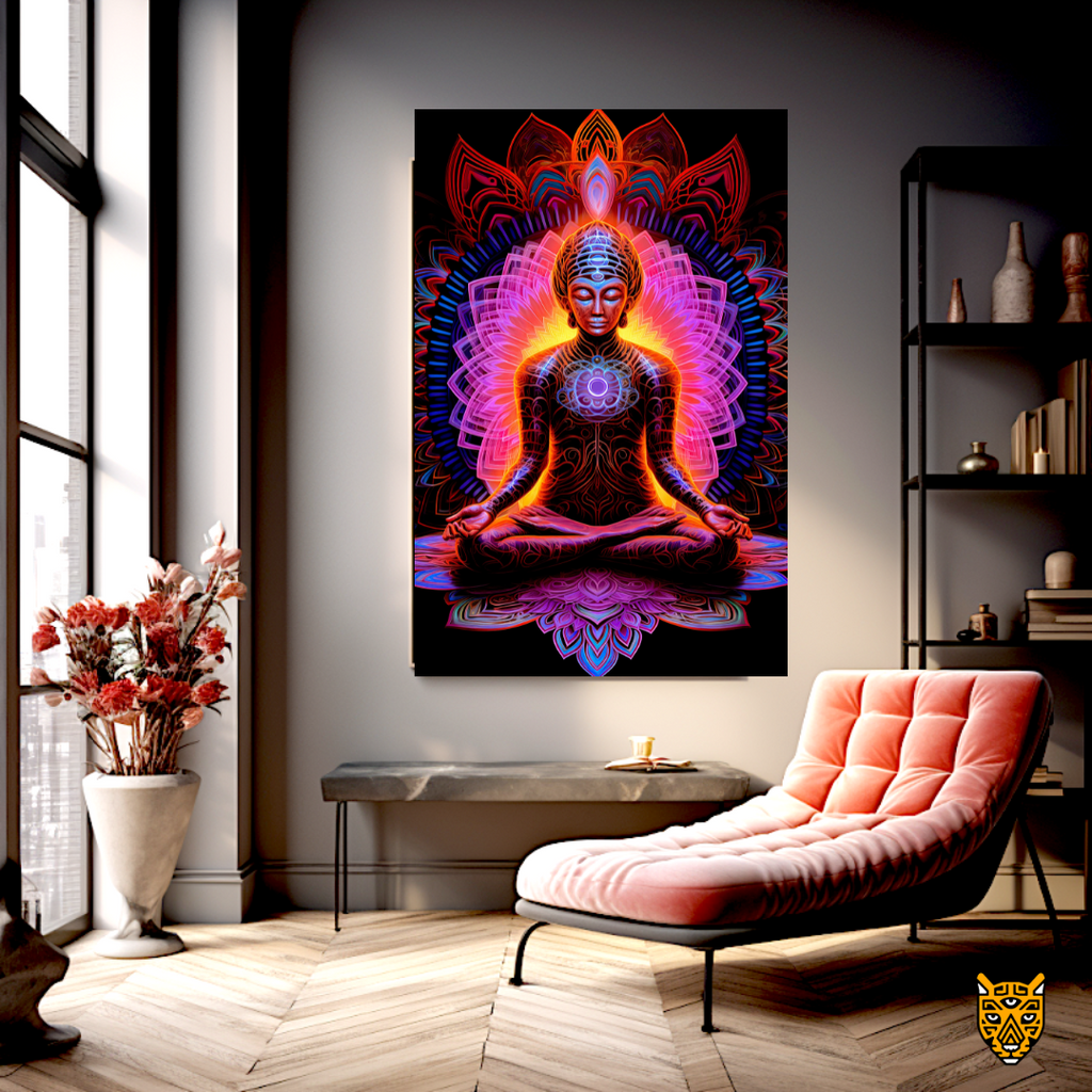 Lively Serene Aura: Spiritual Meditating Futuristic Buddha with Pink Blue and Red Geometric Patterns