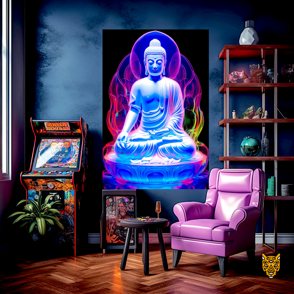 Lotus Position Buddha Illuminated in Hues of Blue and with Pink Glowing Halo-like Form