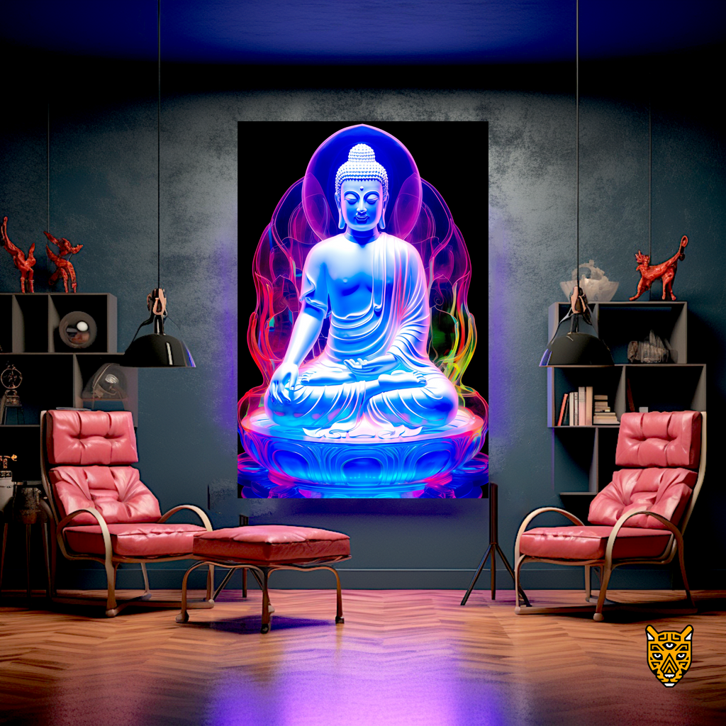 Lotus Position Buddha Illuminated in Hues of Blue and with Pink Glowing Halo-like Form