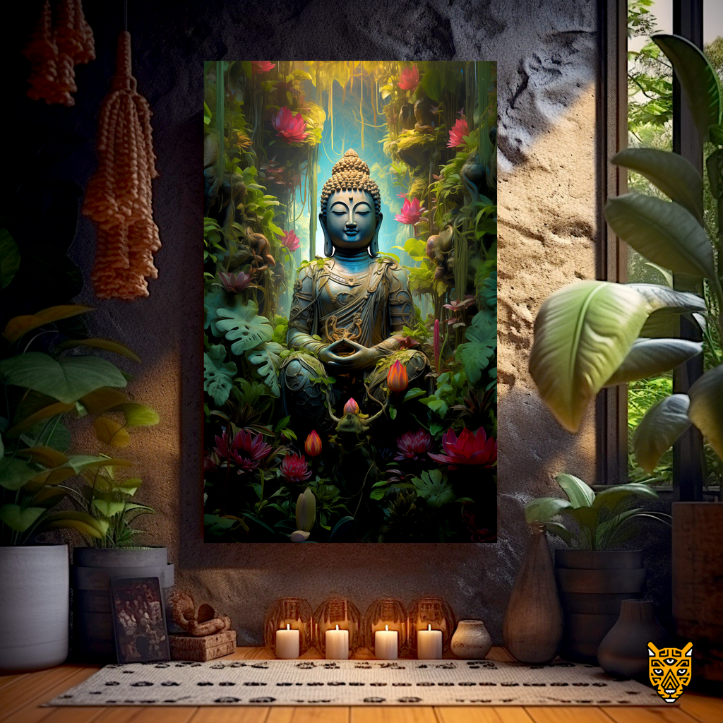 Buddha in Meditative Pose, Lush and Vibrant Jungle Colorful Lotus Flower
