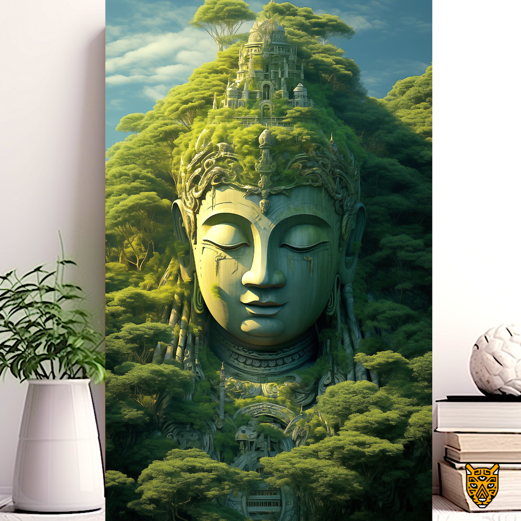 Majestic Hillside Buddha: Overgrown Buddha's Face Sculpture with Lush Green Temple On Top of Head