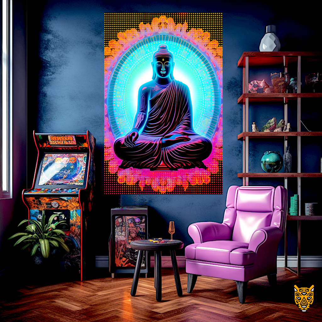 Meditative Buddha Pose in Neon Pink and Blue  Patterns Futuristic Buddha