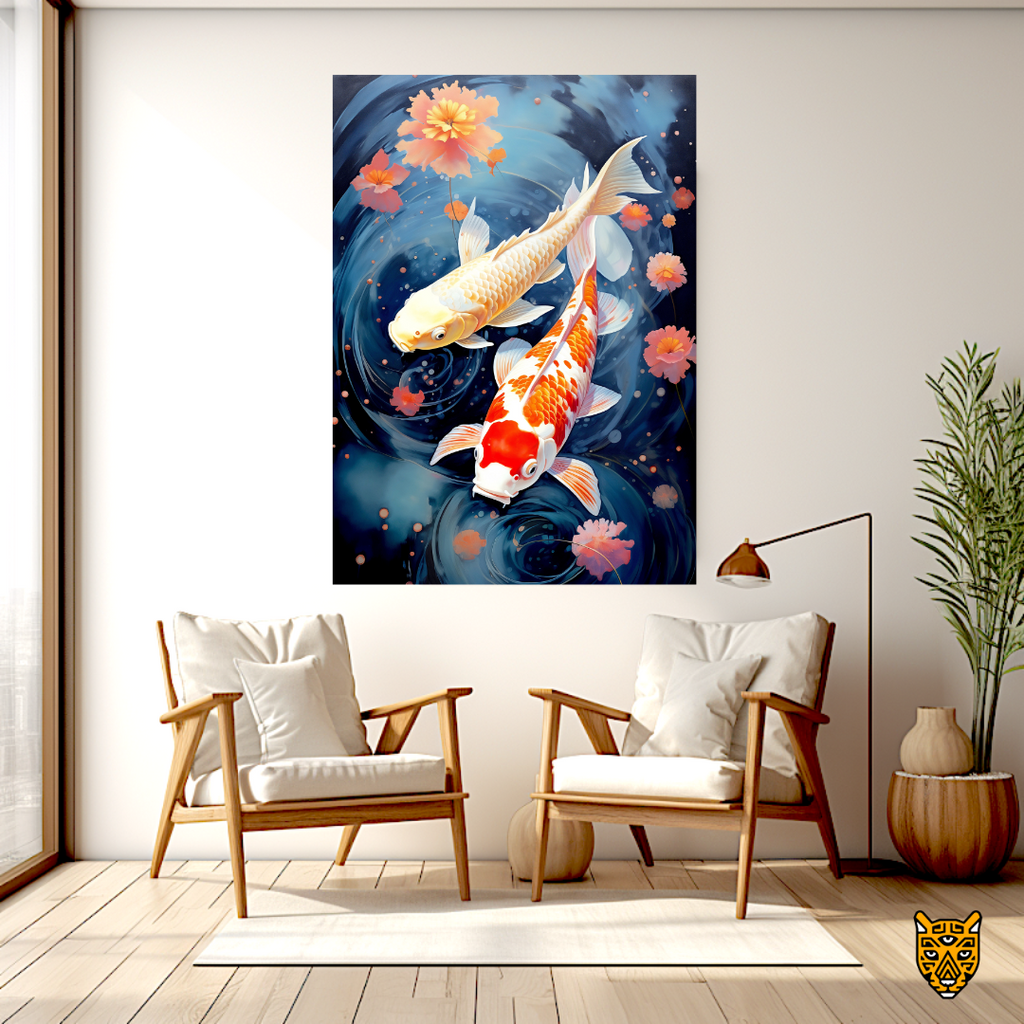 Nature Inspired: Elegant Legendary Swirling Orange White and Gold Koi Fish