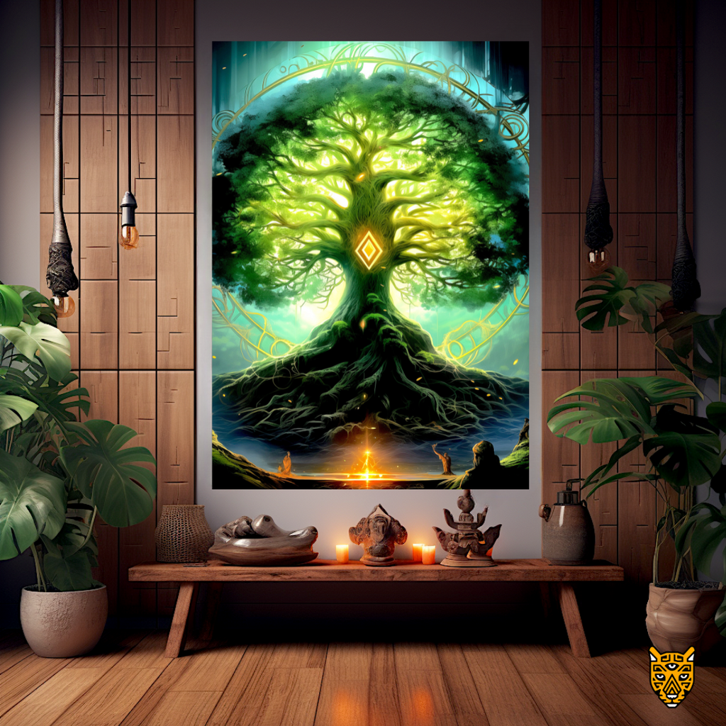 Natures Wonder: Vibrant Big Tall Tree with Huge Roots and Glowing Yellow Green Branches