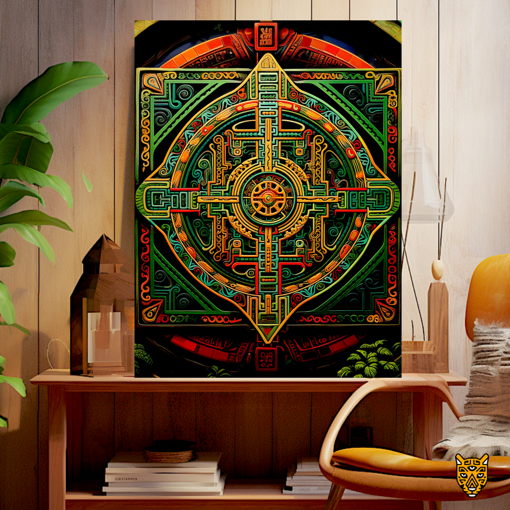 Ornate Circular Tribal Pattern: Labyrinth-like Cultural Design with Yellow and Green Geometric Shape