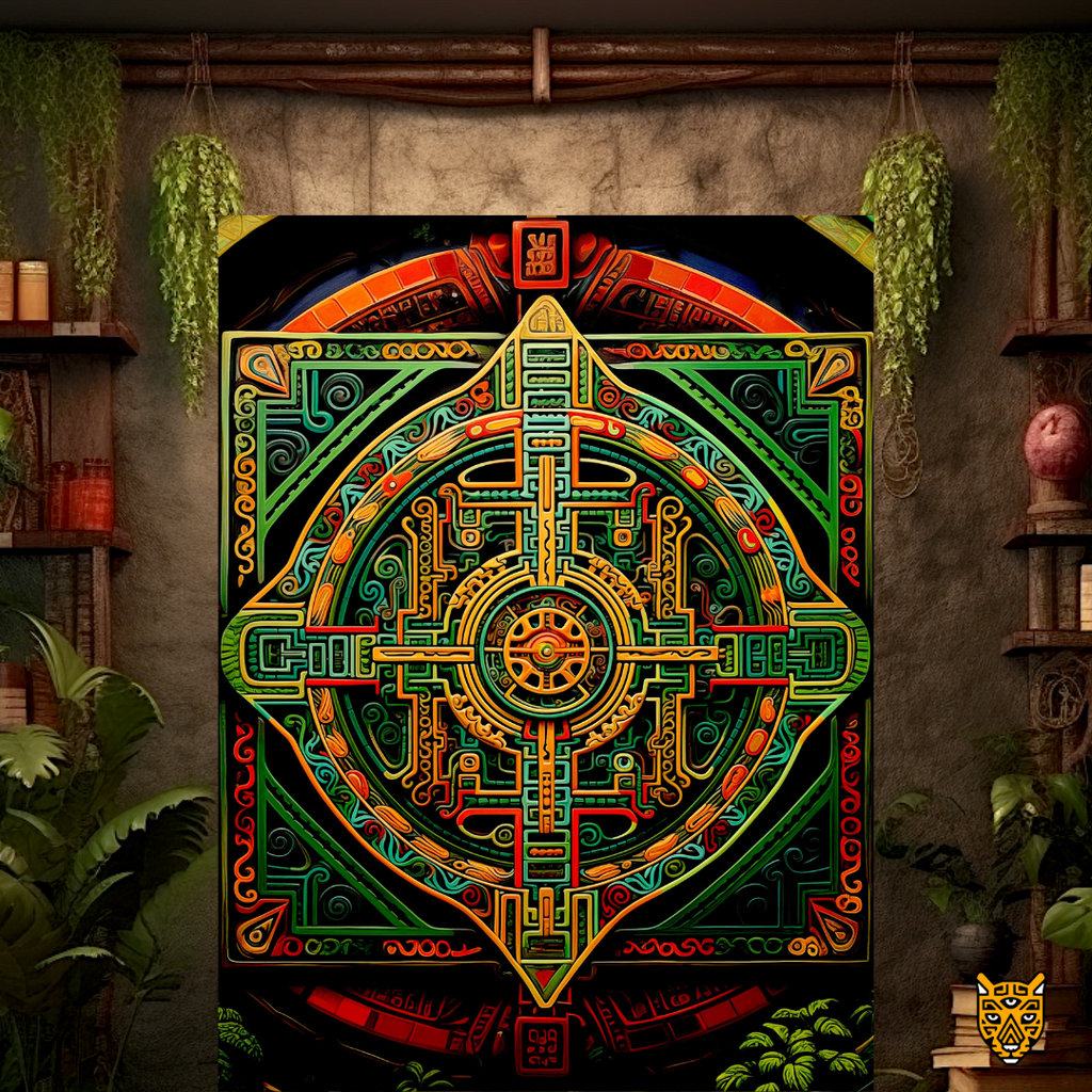 Ornate Circular Tribal Pattern: Labyrinth-like Cultural Design with Yellow and Green Geometric Shape