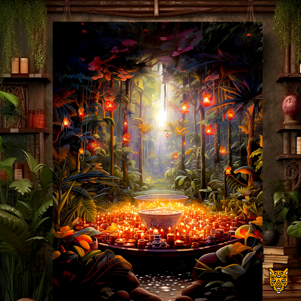 Ornate Sacred Platform: Mystically Glowing Orange and Yellow Candle Light in Dense Jungle