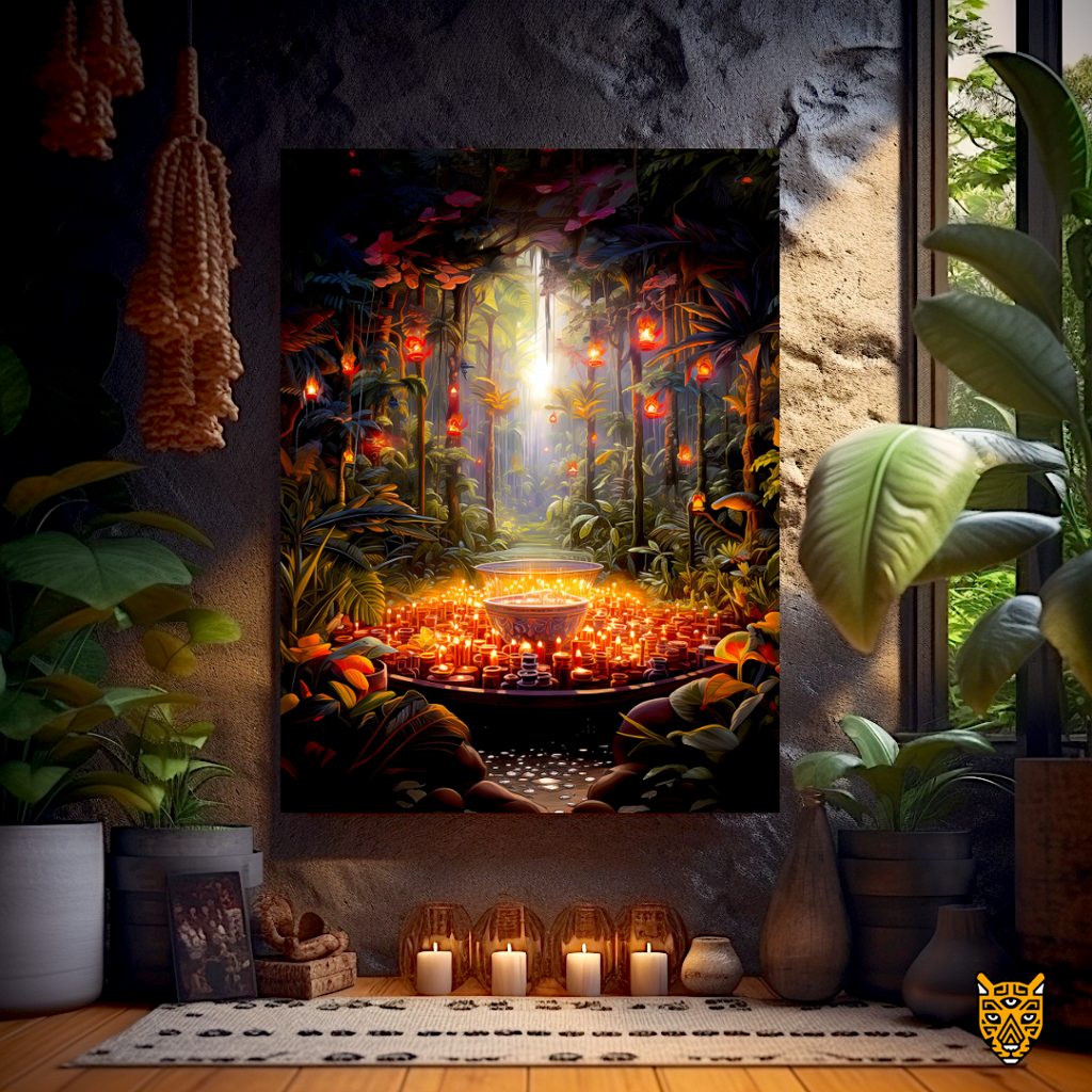 Ornate Sacred Platform: Mystically Glowing Orange and Yellow Candle Light in Dense Jungle