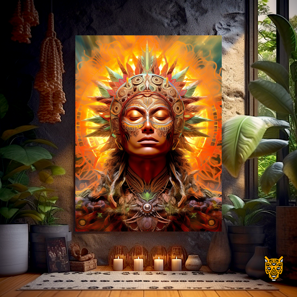 Peaceful Meditating Tribal Woman with Orange Ethereal Glowing Patterns